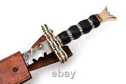 Custom Handmade Damascus Steel Sword With Horn & Brass Handle + Leather Sheath