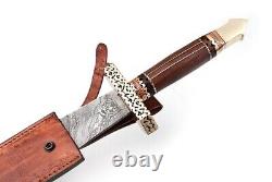 Custom Handmade Damascus Steel Sword With Wood & Brass Handle + Leather Sheath