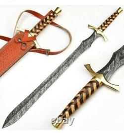 Custom Handmade Damascus Steel Viking Sword With Wooden Handle And Brass Guard