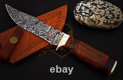 Custom Handmade Damascus Steel Walnut Colored Wood Handle Skinner Knife Brass Bo
