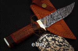 Custom Handmade Damascus Steel Walnut Colored Wood Handle Skinner Knife Brass Bo
