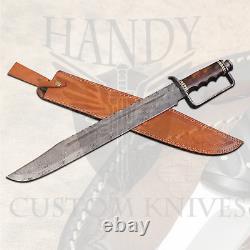 Custom Handmade Forged Damascus Steel Blade Hunting Sword With Wood, Brass Handle
