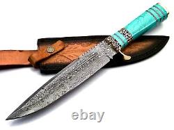 Custom Handmade Forged Damascus Steel Hunting Knife Turquoise Stone Brass Handle