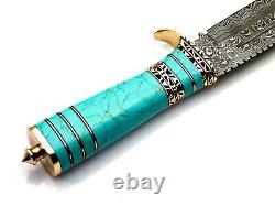 Custom Handmade Forged Damascus Steel Hunting Knife Turquoise Stone Brass Handle