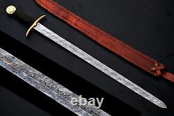 Custom Handmade Forged Damascus Steel Viking Sword Leather & Brass Handle 2575