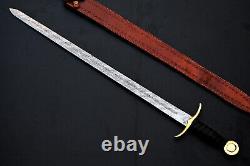 Custom Handmade Forged Damascus Steel Viking Sword Leather & Brass Handle 2575
