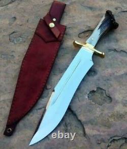 Custom Handmade Steel D-2 Bowie Knife Handle Brass Clip And Stag Crown