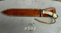 Custom Made Huge Stag Handle Long Fixed Blade Knife with Brass Hilt & Sheath
