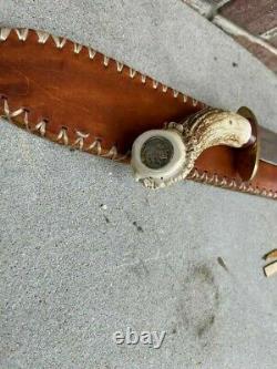 Custom Made Huge Stag Handle Long Fixed Blade Knife with Brass Hilt & Sheath