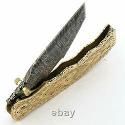 Custom handmade Damascus Steel Hunting Folding Pocket knife Brass Copper Handle