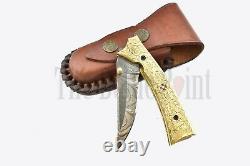 Custom handmade Damascus Steel Hunting Folding Pocket knife Brass Handle sheath