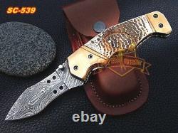 Custom handmade Damascus steel folding knife turtle shell handle brass