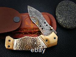 Custom handmade Damascus steel folding knife turtle shell handle brass
