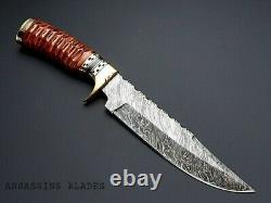 Custom handmade damascus steel 14 bowie knife rose wood handle with brass clip