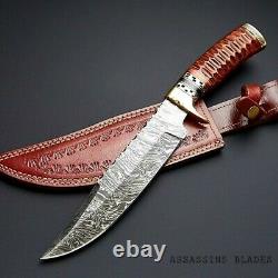 Custom handmade damascus steel 14 bowie knife rose wood handle with brass clip