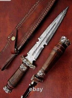 Custome handmade damascus steel13.5dagger knife handle rosewood with brass clip