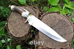 D2 STEEL CAMPING HUNTING Dagger KNIFE Brass Guard Stag Handle Leather Sheath
