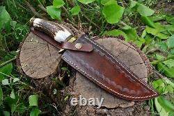 D2 STEEL CAMPING HUNTING Dagger KNIFE Brass Guard Stag Handle Leather Sheath
