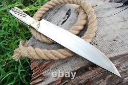 D2 STEEL Fix Blade HUNTING BOWIE KNIFE Brass bolster Stag Handle & Leather Cover