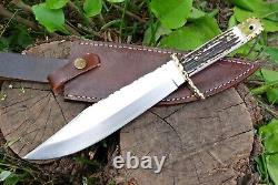 D2 STEEL Fix Blade HUNTING Dagger KNIFE Brass Guard Stag Handle & Leather Sheath