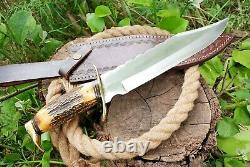 D2 STEEL Rat tail HUNTING Dagger KNIFE Brass Guard Stag Handle & Leather Sheath