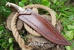 D2 STEEL Rattail HUNTING BOWIE KNIFE Brass Guard Stag Handle with Leather Sheath
