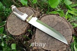 D2 STEEL Rattail HUNTING Dagger KNIFE Brass Guard Stag Handle & Leather Sheath