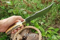 D2 STEEL fix blade HUNTING BOWIE KNIFE Brass Guard Stag Handle & Leather Sheath