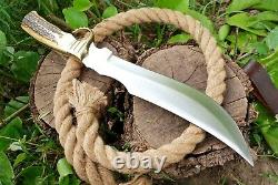 D2 STEEL fix blade HUNTING BOWIE KNIFE Brass Guard Stag Handle & Leather Sheath