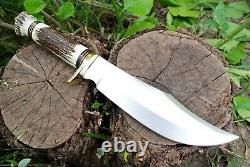 D2 Steel Custom Handmade Hunting Bowie Knife Brass Guard & Stag Handle & Sheath