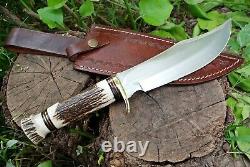D2 Steel Custom Handmade Hunting Bowie Knife Brass Guard & Stag Handle & Sheath