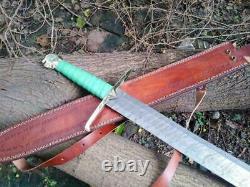 DAMASCUS STEEL BLADE FUNCTIONAL SWORD WITH brass GUARS+LEATHER HANDLE