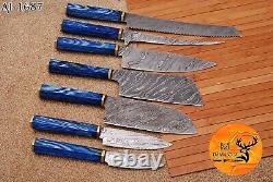 DAMASCUS STEEL CHEF KNIFE KITCHEN SET With WOOD & BRASS HANDLE+LEATHER BAG AJ-1687