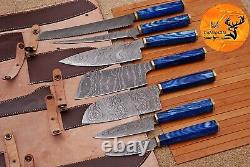 DAMASCUS STEEL CHEF KNIFE KITCHEN SET With WOOD & BRASS HANDLE+LEATHER BAG AJ-1687