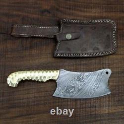 Damascus Chef Cleaver Knife Forged Steel Slicing Chop BRASS Handle Leather Seth
