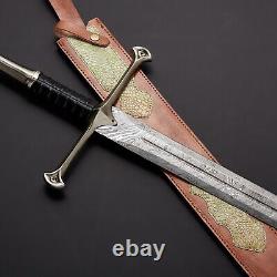 Damascus Claymore Sword Hand Forged Leather Handle With BRASS GUARD