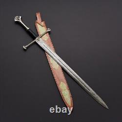 Damascus Claymore Sword Hand Forged Leather Handle With BRASS GUARD