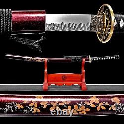 Damascus Folded Steel Dark Red Katana Leaves Japanese Samurai Sharp Sword Brass