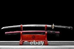 Damascus Folded Steel Dark Red Katana Leaves Japanese Samurai Sharp Sword Brass