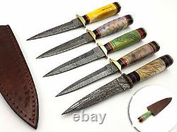 Damascus Steel 5 Pcs Set Hunting Skinner Dagger Knife Brass Guard Bone Handle