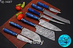 Damascus Steel Chef Kitchen Knife Set With Wood & Brass Bolster Handle Aj 1687