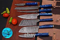 Damascus Steel Chef Kitchen Knife Set With Wood & Brass Bolster Handle Aj 1687