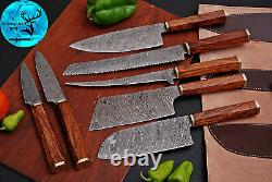 Damascus Steel Chef Kitchen Knife Set With Wood & Brass Bolster Handle M 133