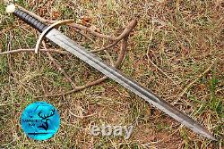 Damascus Steel Double Edge Sword With Leather & Brass Guard Handle Aj 1706