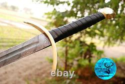 Damascus Steel Double Edge Sword With Leather & Brass Guard Handle Aj 1706