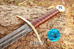 Damascus Steel Double Edge Sword With Leather & Brass Guard Handle Aj 1707