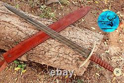 Damascus Steel Double Edge Sword With Leather & Brass Guard Handle Aj 1707