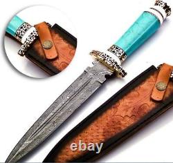 Damascus Steel Handmade Forged Hunting Knife Jasper Resin Brass Handle # GK 0588