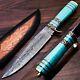 Damascus Steel Hunting Bowie Knife With Turquoise Gemstone & Brass Handle