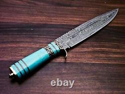 Damascus Steel Hunting Bowie Knife With Turquoise Gemstone & Brass Handle